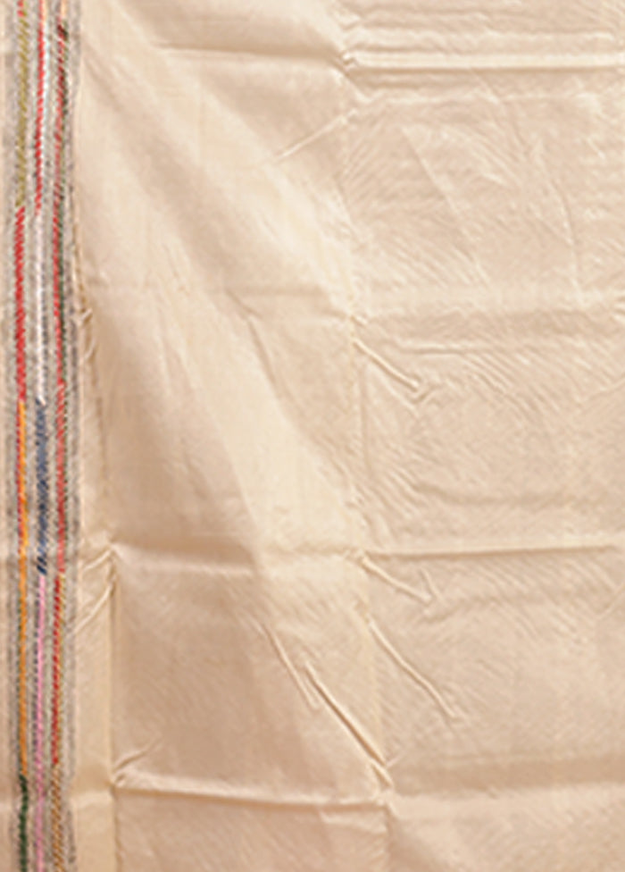 Cream Handloom Kantha Stitch Pure Silk Saree With Blouse Piece