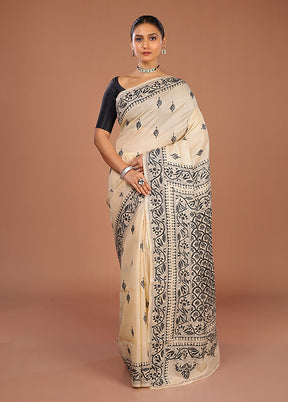 Cream Handloom Kantha Stitch Pure Silk Saree With Blouse Piece