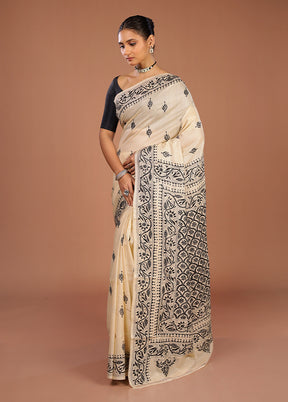 Cream Handloom Kantha Stitch Pure Silk Saree With Blouse Piece