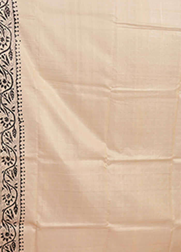 Cream Handloom Kantha Stitch Pure Silk Saree With Blouse Piece