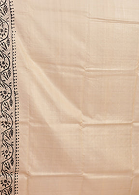 Cream Handloom Kantha Stitch Pure Silk Saree With Blouse Piece
