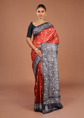 Brown Handloom Kantha Stitch Pure Silk Saree With Blouse Piece