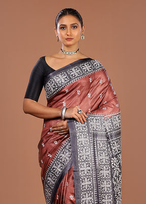 Brown Handloom Kantha Stitch Pure Silk Saree With Blouse Piece