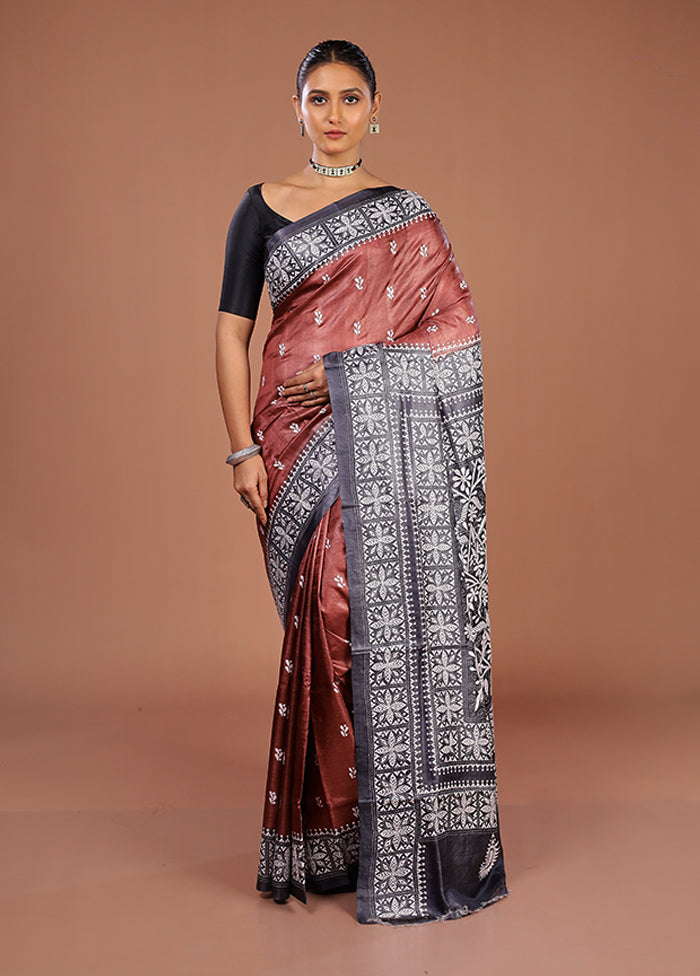 Brown Handloom Kantha Stitch Pure Silk Saree With Blouse Piece