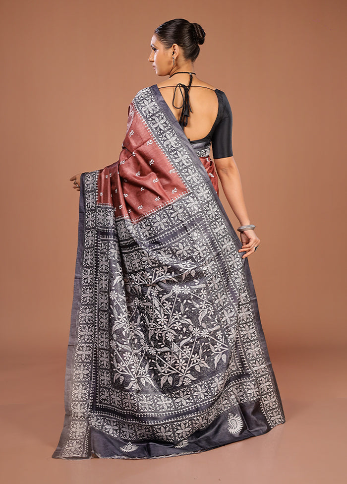 Brown Handloom Kantha Stitch Pure Silk Saree With Blouse Piece