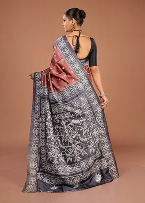 Brown Handloom Kantha Stitch Pure Silk Saree With Blouse Piece