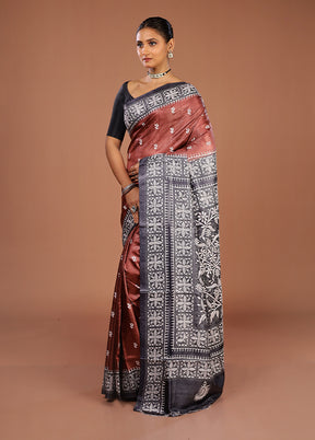Brown Handloom Kantha Stitch Pure Silk Saree With Blouse Piece