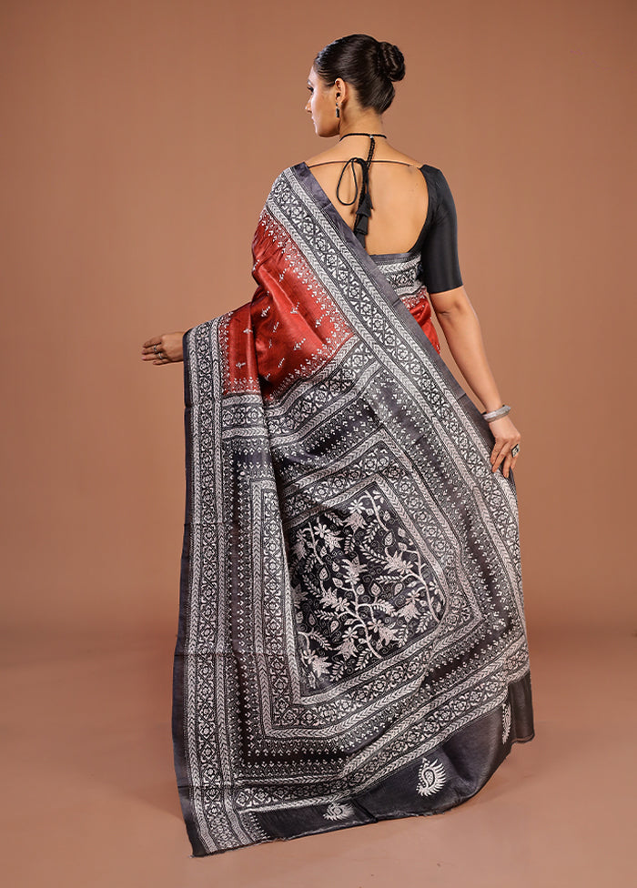 Brown Handloom Kantha Stitch Pure Silk Saree With Blouse Piece
