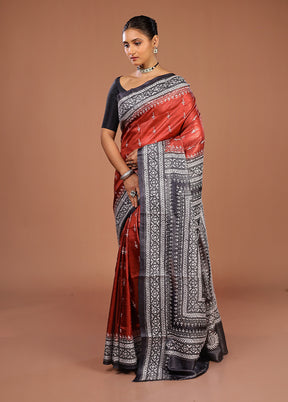 Brown Handloom Kantha Stitch Pure Silk Saree With Blouse Piece