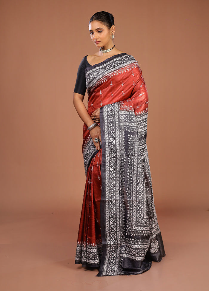 Brown Handloom Kantha Stitch Pure Silk Saree With Blouse Piece
