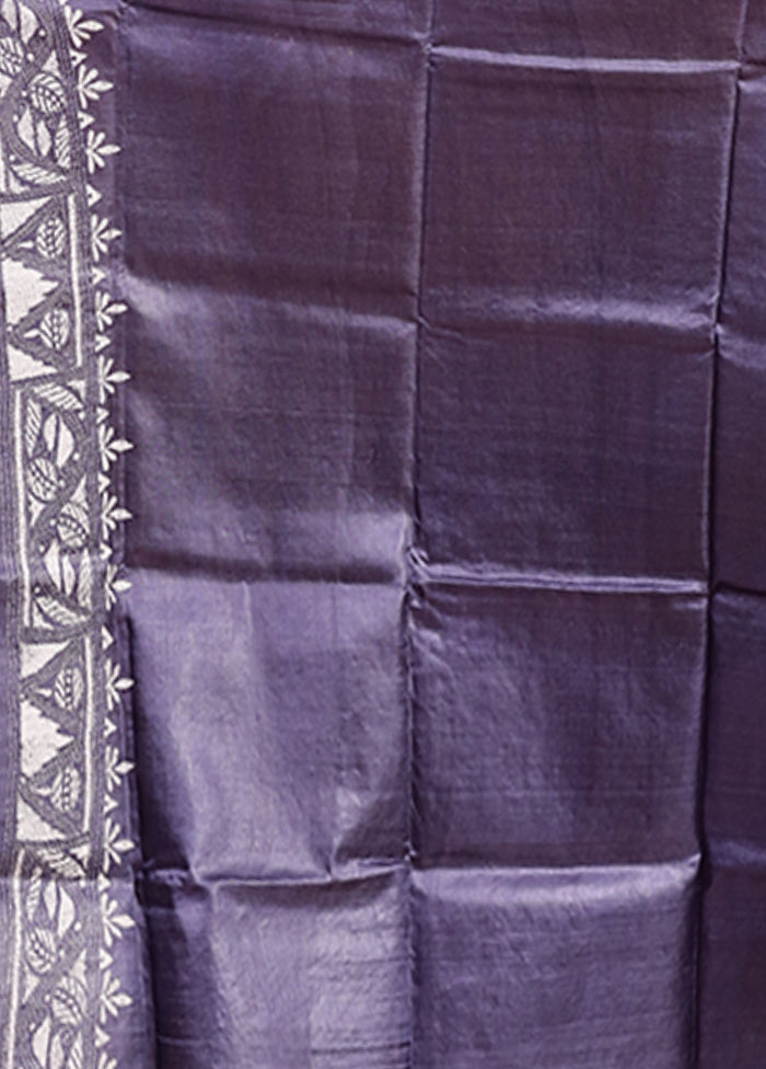 Blue Handloom Kantha Stitch Pure Silk Saree With Blouse Piece