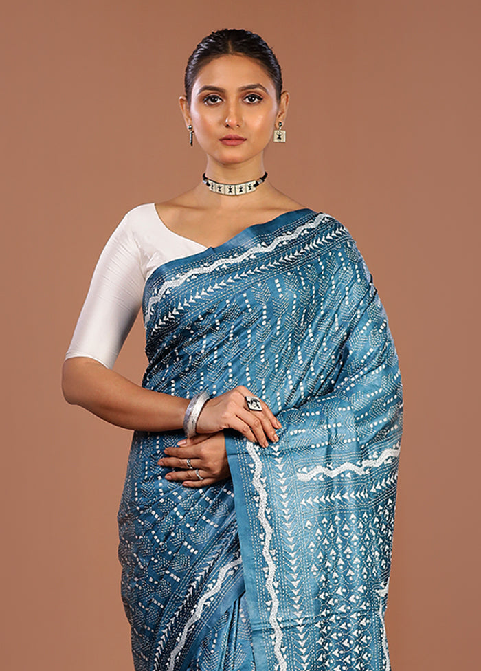 Blue Handloom Kantha Stitch Pure Silk Saree With Blouse Piece
