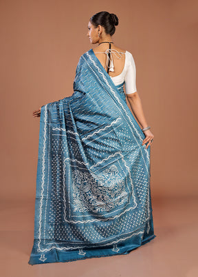 Blue Handloom Kantha Stitch Pure Silk Saree With Blouse Piece