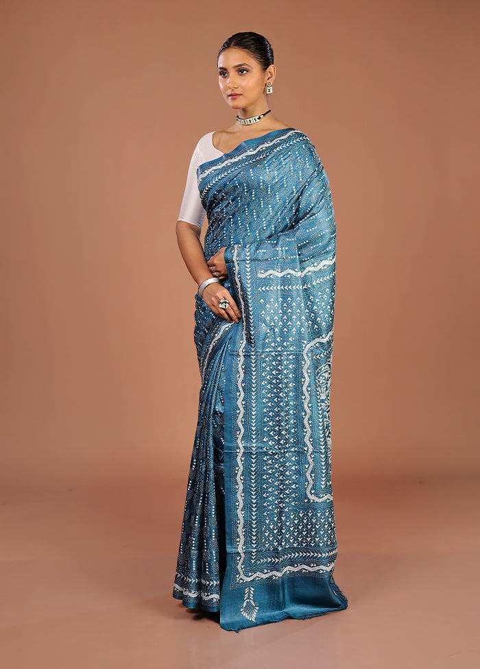 Blue Handloom Kantha Stitch Pure Silk Saree With Blouse Piece