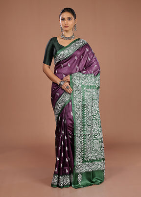 Purple Handloom Kantha Stitch Pure Silk Saree With Blouse Piece