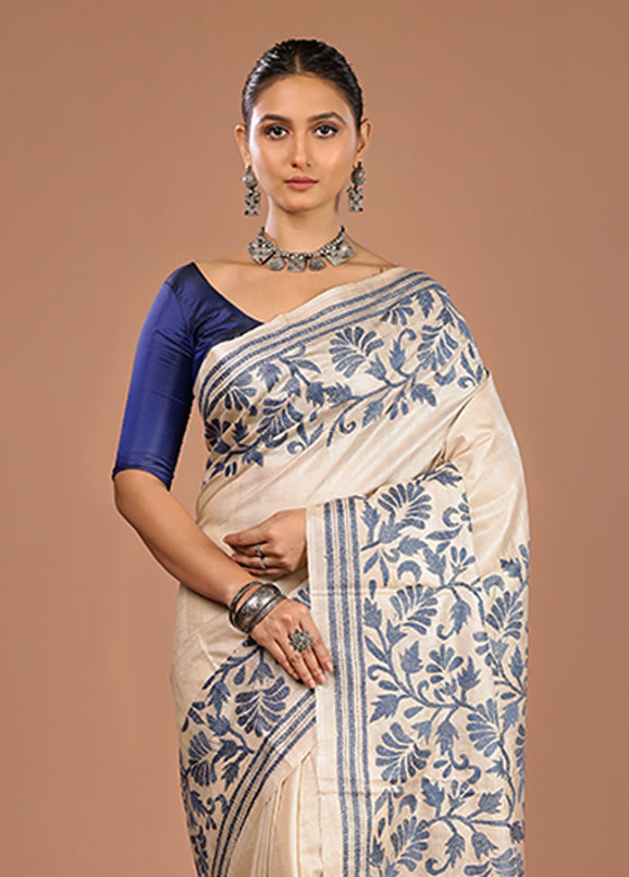 Cream Handloom Kantha Stitch Pure Silk Saree With Blouse Piece