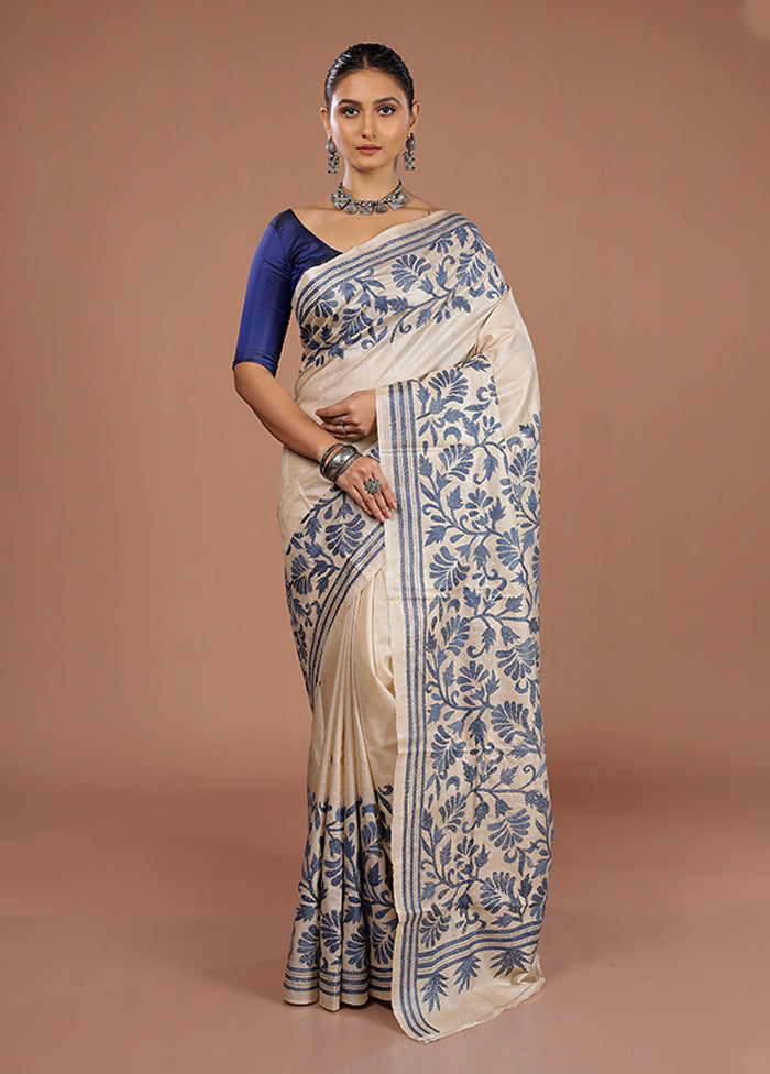 Cream Handloom Kantha Stitch Pure Silk Saree With Blouse Piece