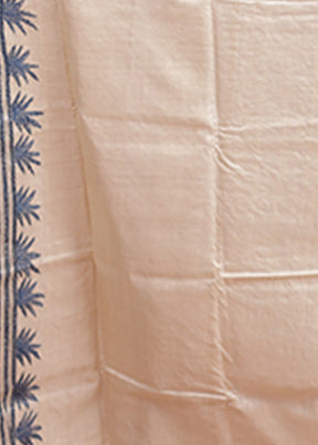 Cream Handloom Kantha Stitch Pure Silk Saree With Blouse Piece