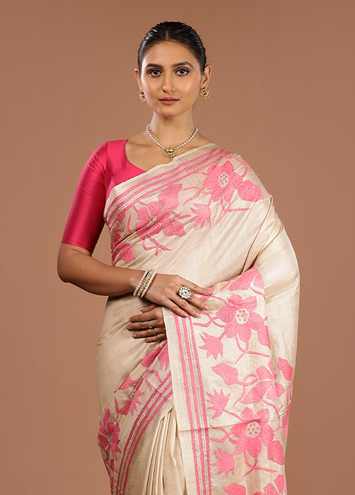 Cream Handloom Kantha Stitch Pure Silk Saree With Blouse Piece