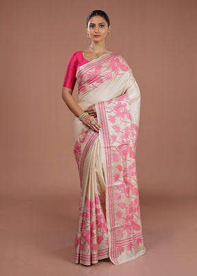 Cream Handloom Kantha Stitch Pure Silk Saree With Blouse Piece
