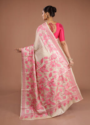 Cream Handloom Kantha Stitch Pure Silk Saree With Blouse Piece