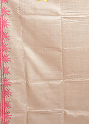 Cream Handloom Kantha Stitch Pure Silk Saree With Blouse Piece