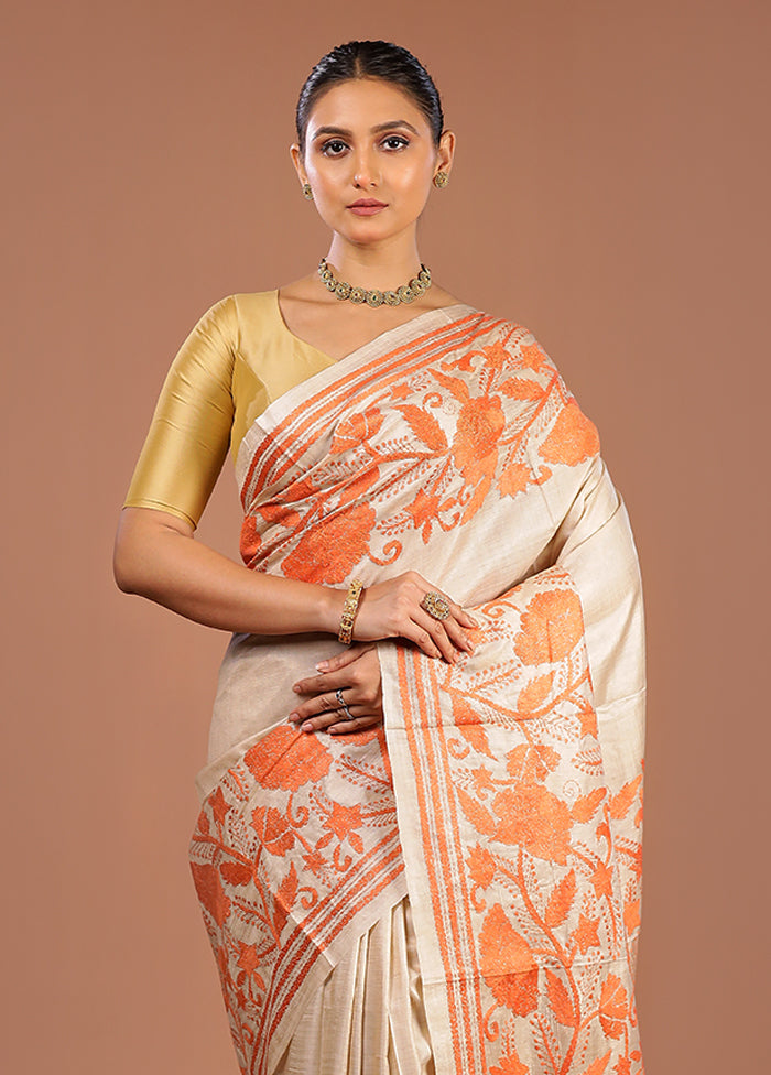Cream Handloom Kantha Stitch Pure Silk Saree With Blouse Piece