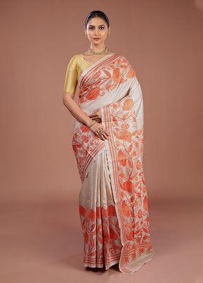 Cream Handloom Kantha Stitch Pure Silk Saree With Blouse Piece