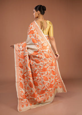 Cream Handloom Kantha Stitch Pure Silk Saree With Blouse Piece