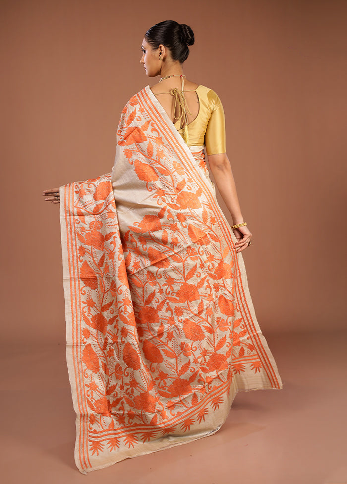 Cream Handloom Kantha Stitch Pure Silk Saree With Blouse Piece