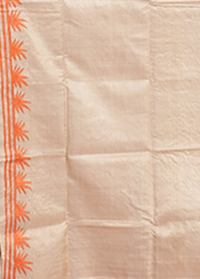 Cream Handloom Kantha Stitch Pure Silk Saree With Blouse Piece