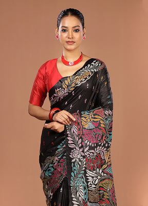 Black Handloom Kantha Stitch Pure Silk Saree With Blouse Piece