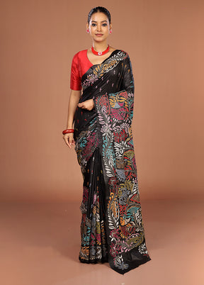 Black Handloom Kantha Stitch Pure Silk Saree With Blouse Piece
