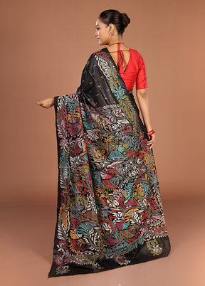 Black Handloom Kantha Stitch Pure Silk Saree With Blouse Piece