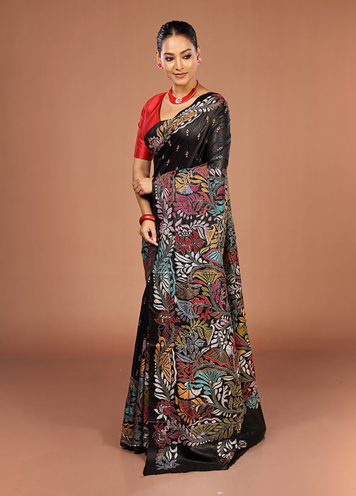 Black Handloom Kantha Stitch Pure Silk Saree With Blouse Piece