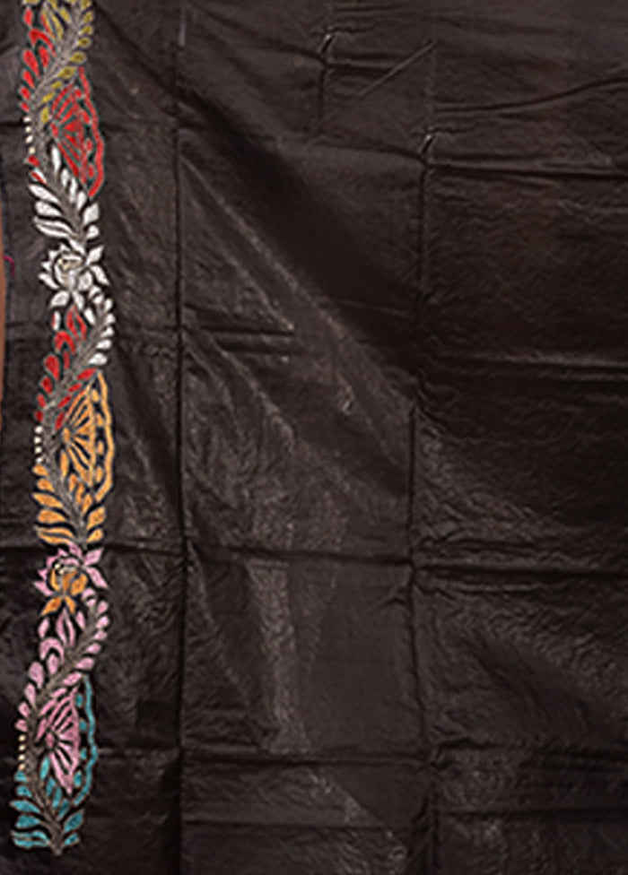 Black Handloom Kantha Stitch Pure Silk Saree With Blouse Piece