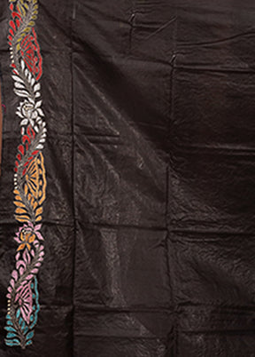 Black Handloom Kantha Stitch Pure Silk Saree With Blouse Piece