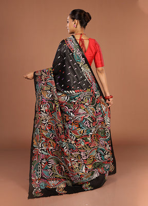Black Handloom Kantha Stitch Pure Silk Saree With Blouse Piece