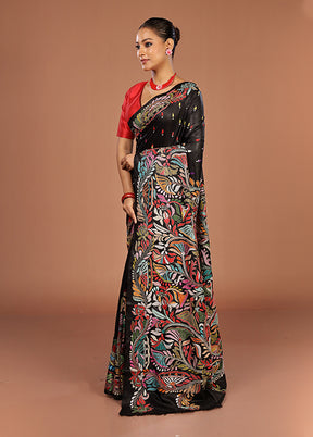 Black Handloom Kantha Stitch Pure Silk Saree With Blouse Piece