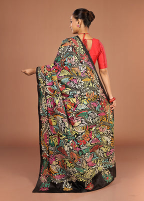 Black Handloom Kantha Stitch Pure Silk Saree With Blouse Piece
