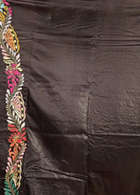 Black Handloom Kantha Stitch Pure Silk Saree With Blouse Piece