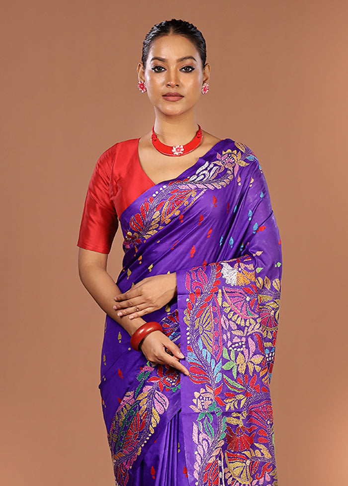 Blue Handloom Kantha Stitch Pure Silk Saree With Blouse Piece