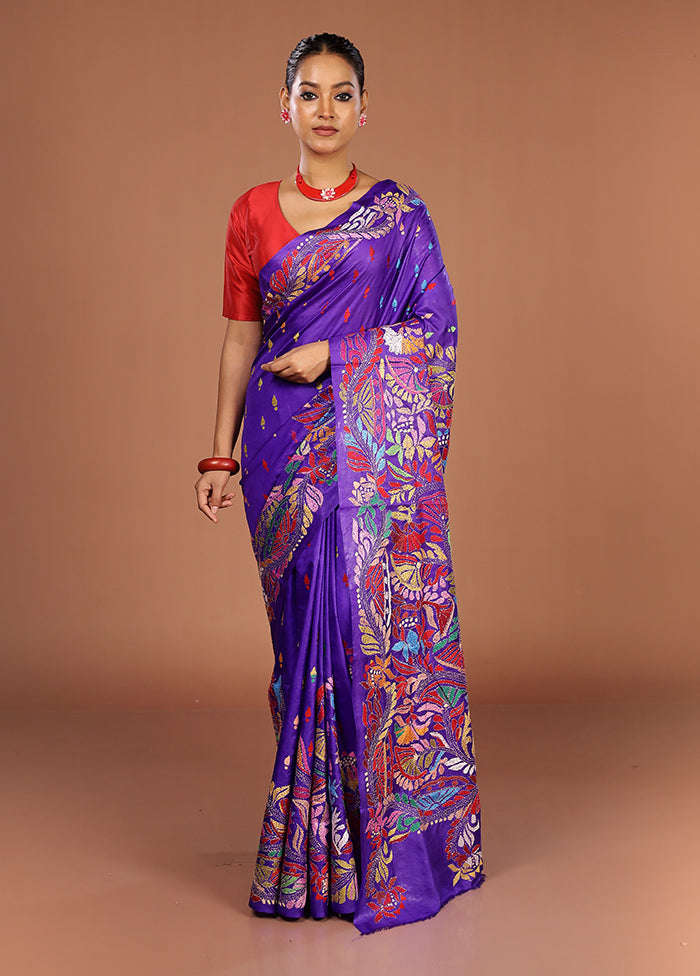 Blue Handloom Kantha Stitch Pure Silk Saree With Blouse Piece