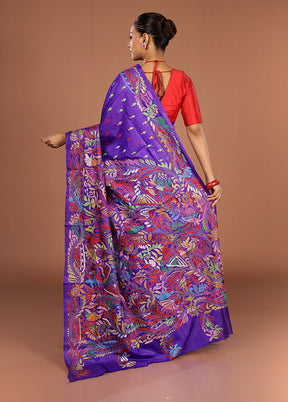 Blue Handloom Kantha Stitch Pure Silk Saree With Blouse Piece