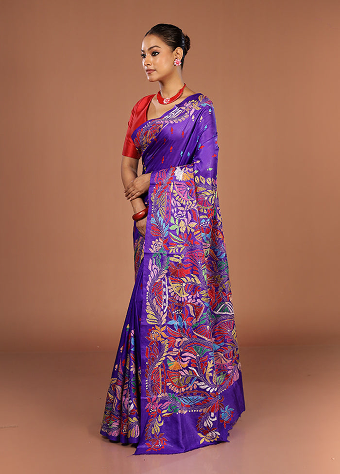 Blue Handloom Kantha Stitch Pure Silk Saree With Blouse Piece