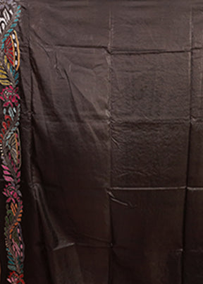 Black Handloom Kantha Stitch Pure Silk Saree With Blouse Piece