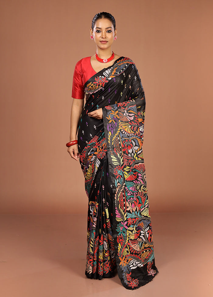 Black Handloom Kantha Stitch Pure Silk Saree With Blouse Piece