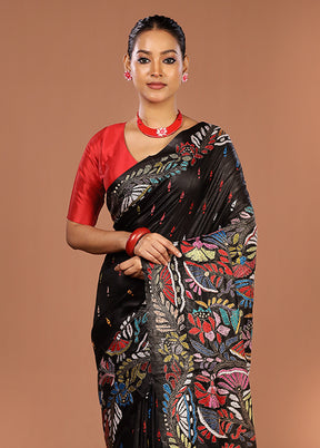 Black Handloom Kantha Stitch Pure Silk Saree With Blouse Piece