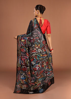 Black Handloom Kantha Stitch Pure Silk Saree With Blouse Piece