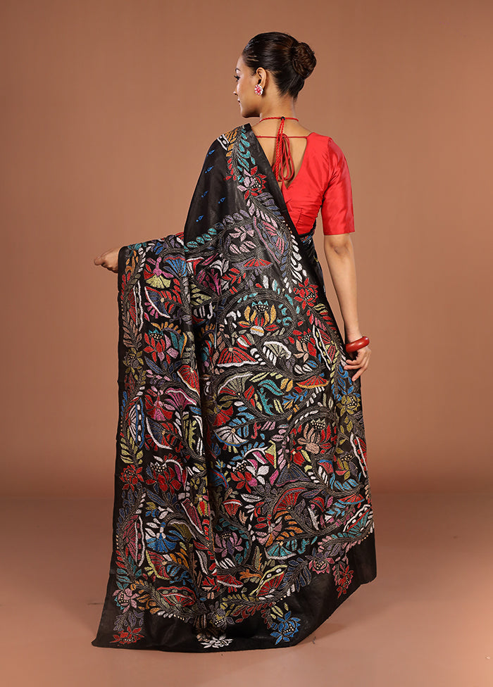 Black Handloom Kantha Stitch Pure Silk Saree With Blouse Piece